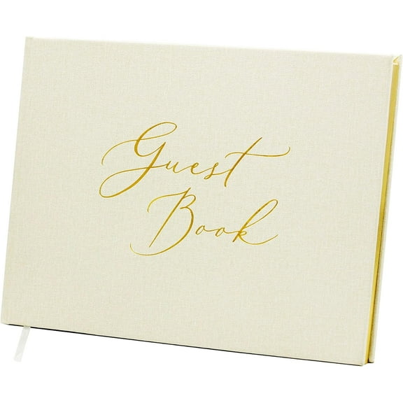 Embossed Blank Guestbook - 11.5 x 8.5 Large Luxury Modern Cream Canvas Linen Embossed Hard Cover Guest Book for Wedding, Birthday & Events (Blank Pages - No Lines)