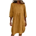 thumbnail image 2 of FEIIBMOYRIA Women Round Neck Dresses Women's Cotton-Linen Blend Long Sleeve Midi Dresses Gathered 3/4 Sleeves High Waist Loose Comfy A‑Line Daily Outwear Dresses, 2 of 6