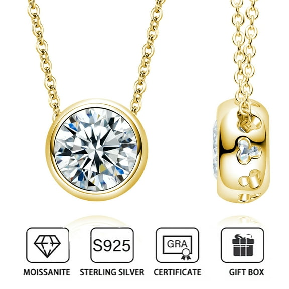 Atobao 1 carat Moissanite Bezel Pendant Necklace for Women D color VVS1 Brilliant Round Cut Platinum-Plated Sterling Silver Chain Engagement Promise Moissanite Necklaces