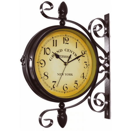 

Wrought Iron Antique-Look Brown Round Wall Hanging Double Sided Two Faces Retro Station Clock Round Chandelier Wall Hanging Clock with 8-inch