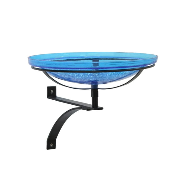 Achla Designs 14"Dia. Round Crackle Glass Birdbath w/Black Wrought Iron Wall Mount Bracket Black