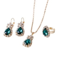 Yesbay 3Pcs/Set Women Water Drop Bright Alloy Rhinestone Pendant Necklace Earrings Ring Jewelry Set for Valentine Day,Green
