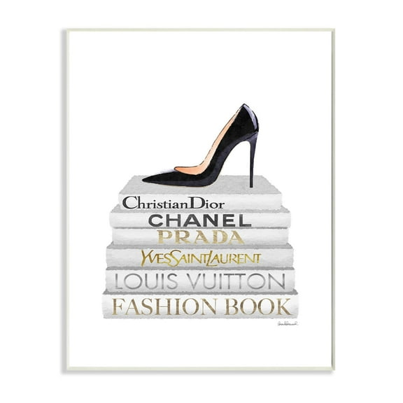 Stupell Industries Fashion Designer Shoes Bookstack White Gold Watercolor Wall Plaque by Amanda Greenwood