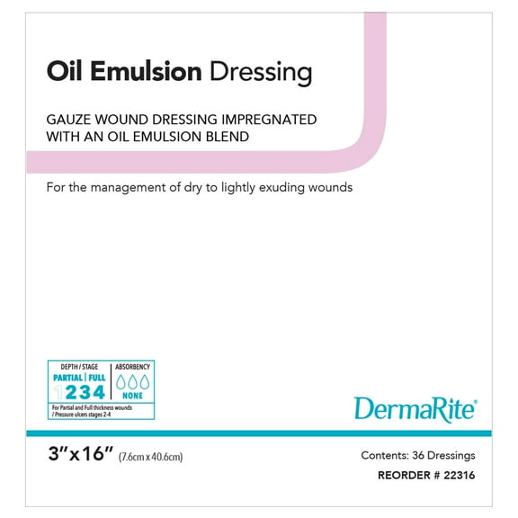 DermaRite Oil Emulsion Impregnated Dressing 3 x 16" Rectangle Mesh Gauze 22316 36 Ct