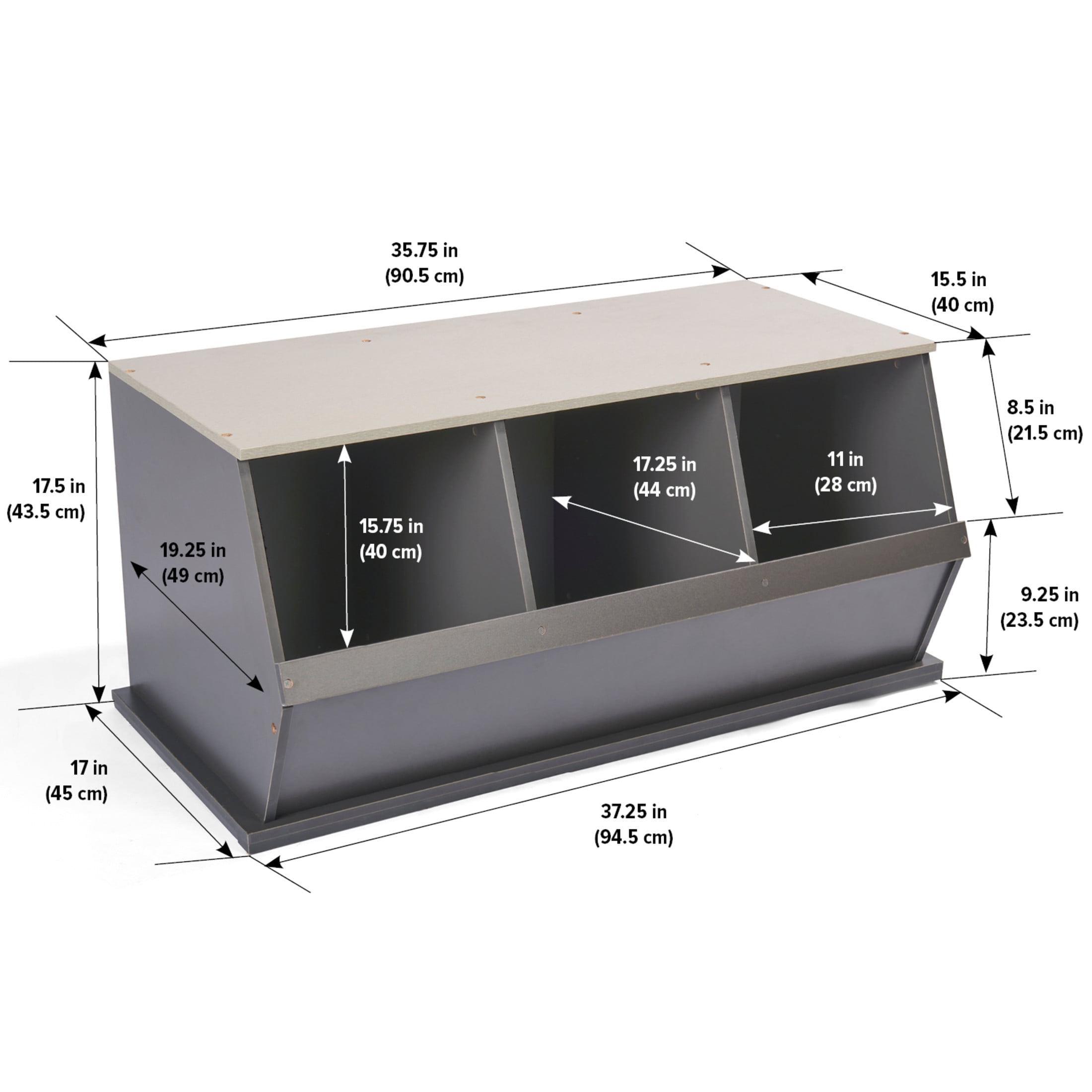 Badger Basket Children's Stackable Wooden 3-Bin 33 gal Toy Storage Cube, Charcoal & Gray