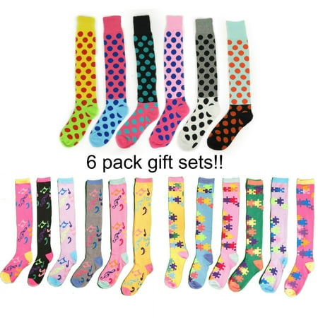Leopard Knee High Socks - Women's Fun Funky Colorful Cotton Long Sporty Comfortable Winter Knee High Socks 6 pack gift set (B- Puzzles)
