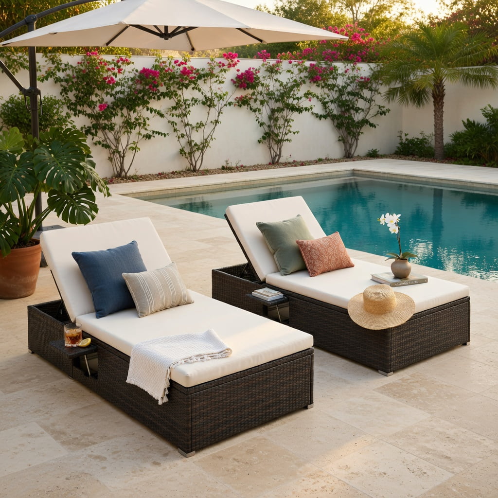 Hommoo Double Chaise Lounge with Adjustable Backrest, PE Rattan Outdoor Patio Lounger for Backyard, Poolside & Deck, Brown