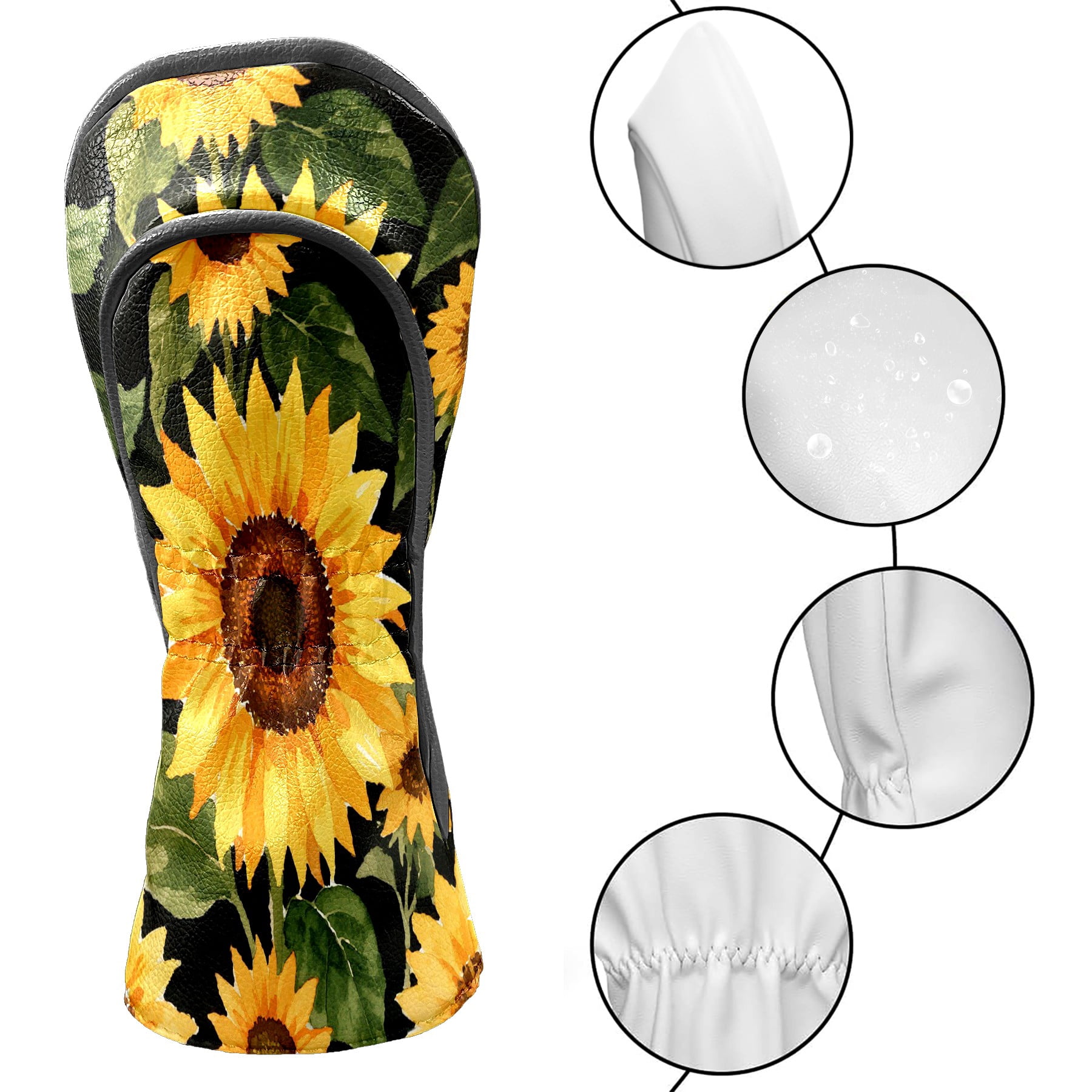 Golf Club Covers, Black Sunflower Premium PU Leather Driver Hybrid Putter Head Covers with Velvet Lining, Waterproof Golf Gifts for Men Women