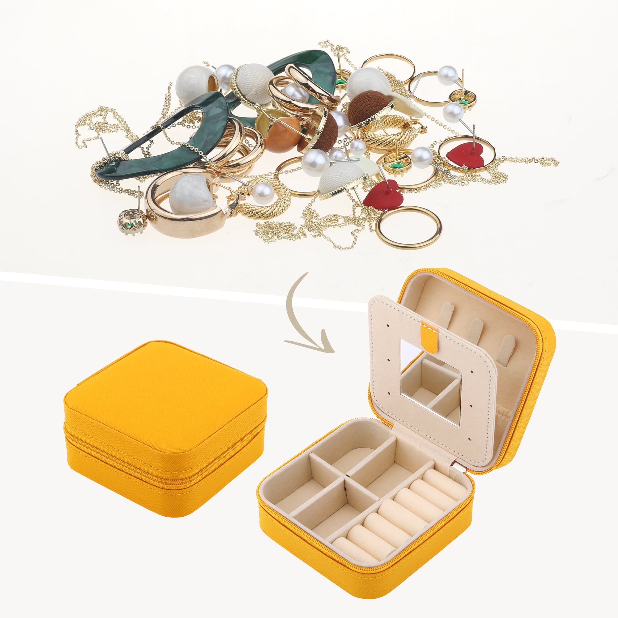 Unique Bargains Mini Travel Jewelry Box with Mirror Yellow