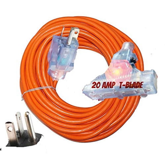 T-Blade Extension Cord Extra Heavy Duty 10/3 Triple Outlet Extension Cord 10 Gauge 2500 Watts 20 Amp 125 Volts,T-Blade Plug All Copper Wire 10 Gauge Extension Cord 25 ft NEMA 5-20 amp Extension Cord