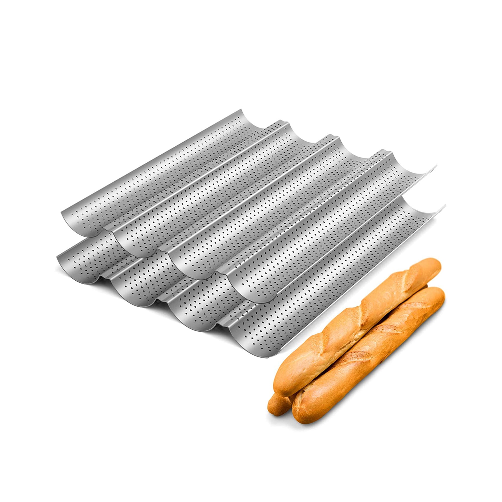 French Bread Baking Pan, Nonstick Perforated Baguette Pan 4 Wave Loaves