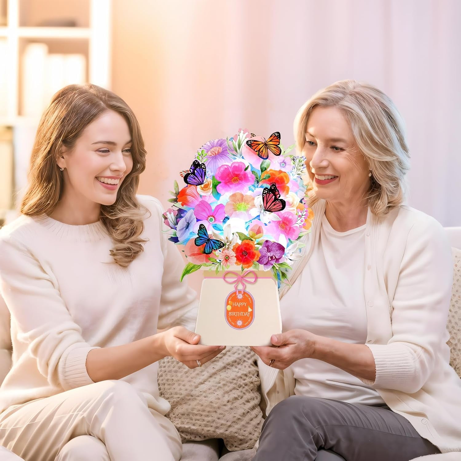 Birthday Cards, Light and Music Happy Card, Lily Butterflies, 10 Inch Life Sized Forever Flower Bouquet 3D Pop Up Gift Card for Women Wife Mom Daughter Sister