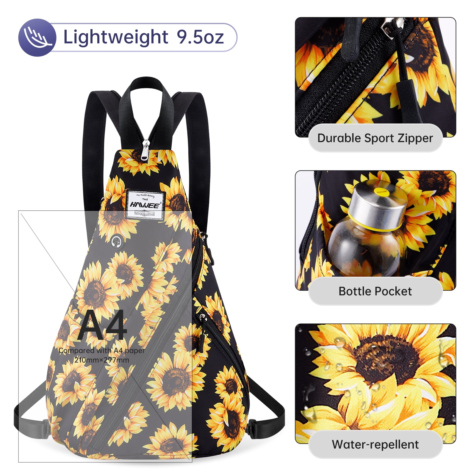 HAWEE Women's Rope Sling Bag - Convertible Chest Bag & Backpack, Water-Resistant Crossbody Daypack for Travel, Sport, Cycling | Left or Right Wear, Sunflower