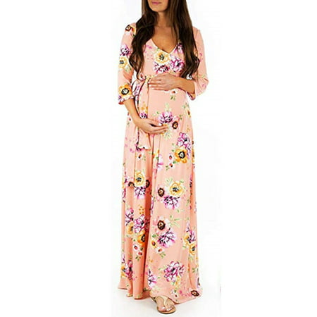 Womens Floral 3/4 Sleeve V Neck Maternity Maxi (Best Things For Pregnant Women)