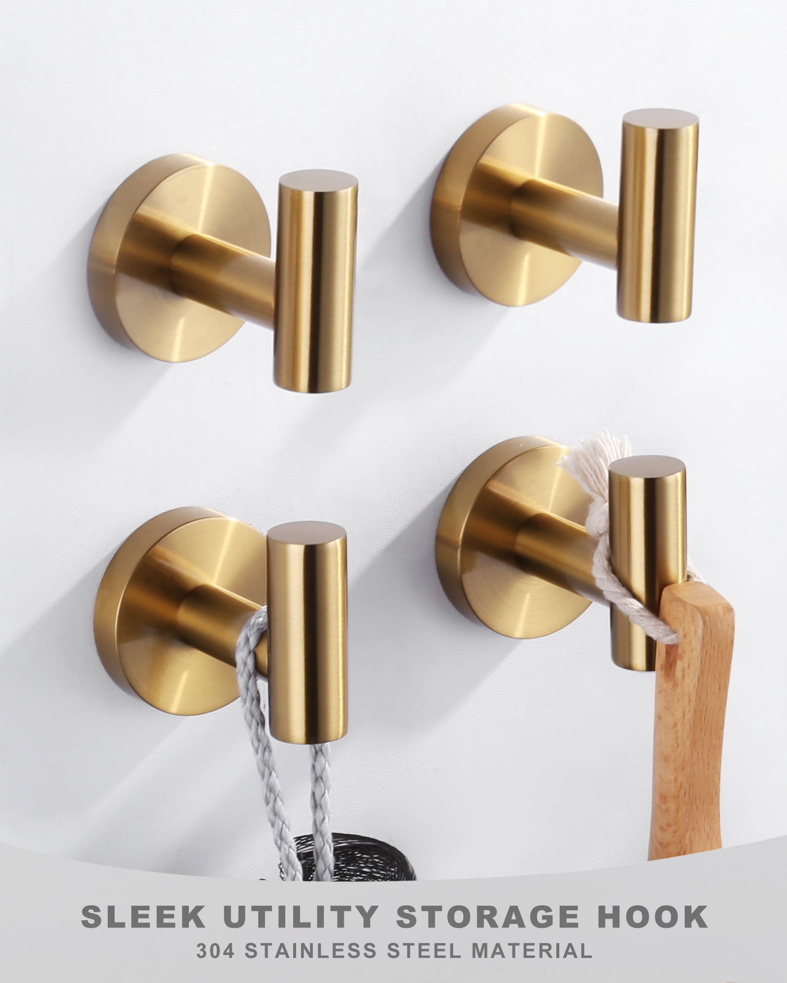 Wowow J-Hook Wall Mounted Bathroom Gold Robe/Towel Hook in Stainless Steel (4-Pack)