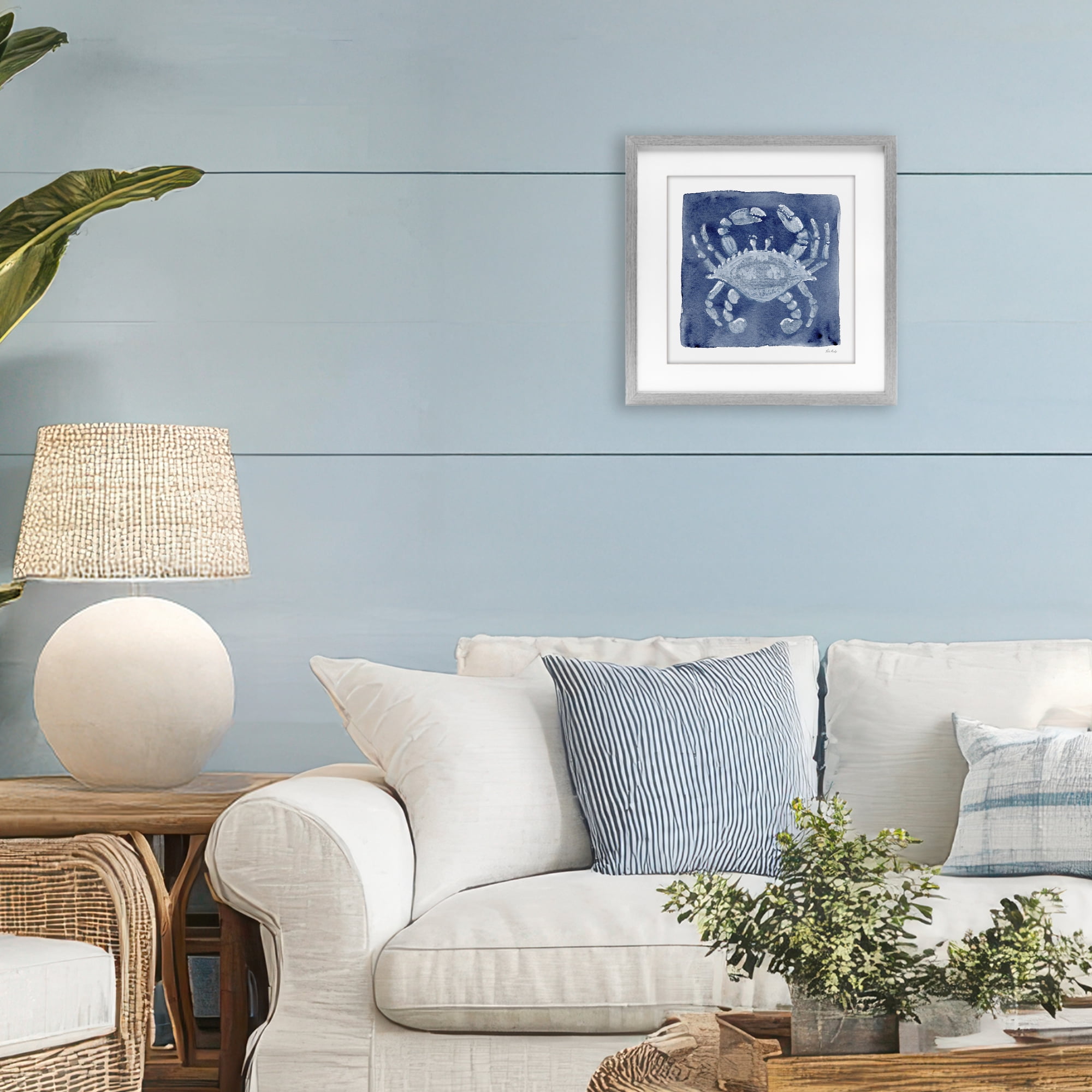 Stupell Industries White Crab on Indigo Gray Framed Print Under Glass, design by Patti Bishop