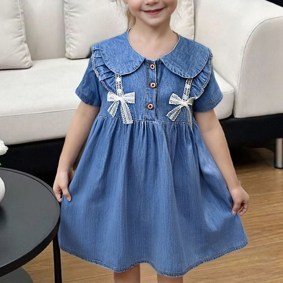 Ahuyic Little Girl Dresses,Kids Summer Casual Dresses,Children's Denim Skirt Lightweight Breathable And Cool In Summer Girls' Dress With Lace Round Neck