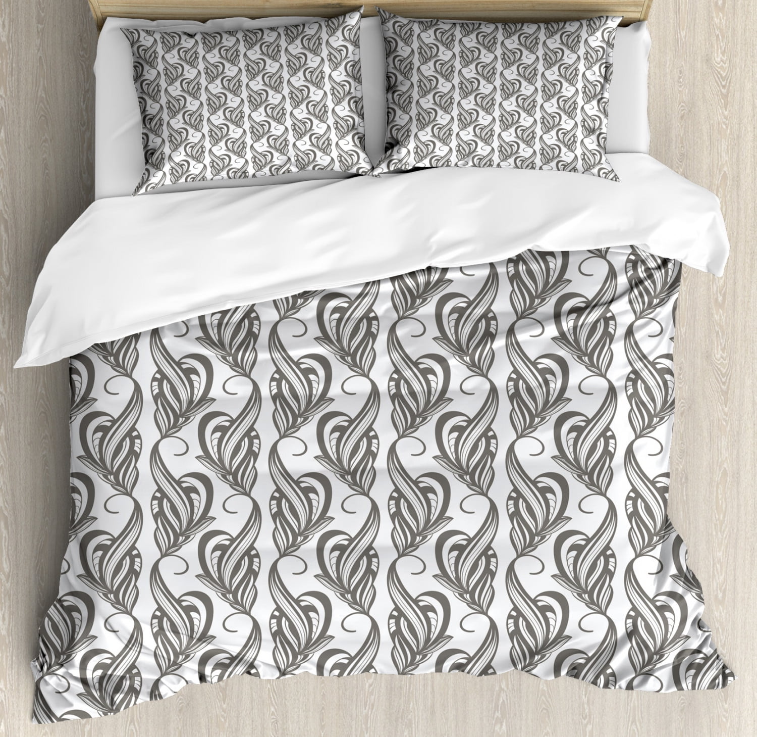 Grey and White King Size Duvet Cover Set, Artistic Swirling Leaves