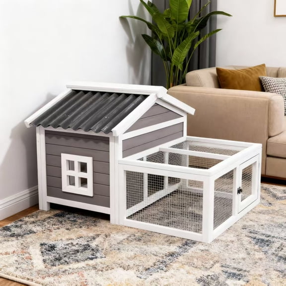 Indoor Wooden Rabbit Hutch with Wire Mesh Run,Outdoor Predator Proof Critter Cage,2 in1 Weatherproof Guinea Pig Hideout, Grey