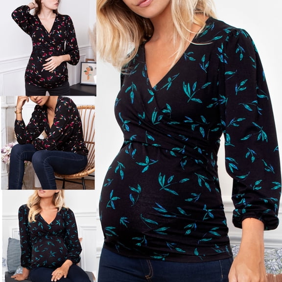 Tejiojio Maternity/Labor/Nursing Clothing Women Pregnant Nusring Maternity V-Neck Long Sleeve Ruffles Printed Blouse Tops