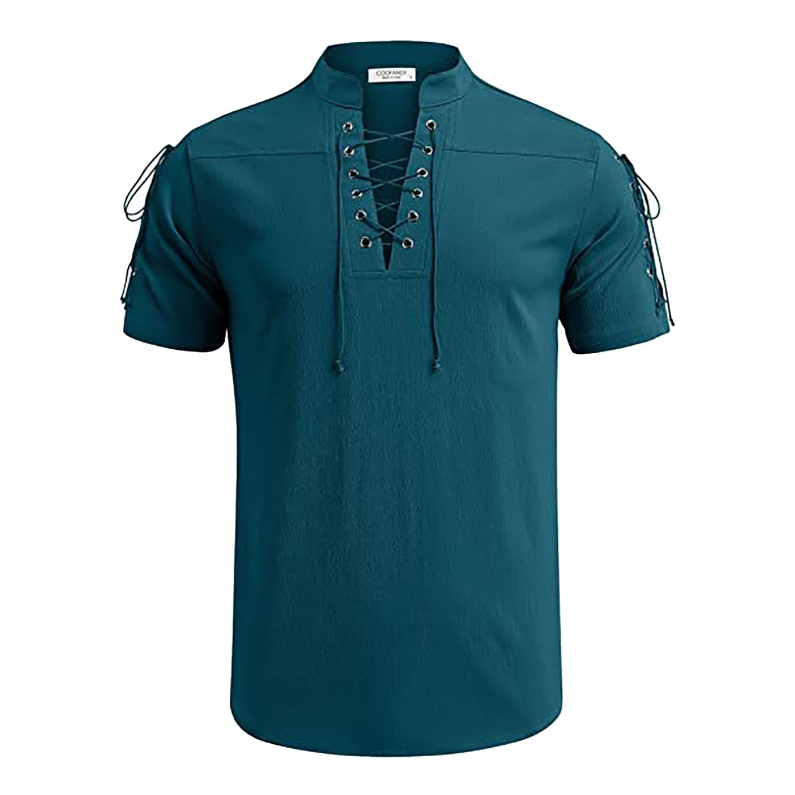 SHIXIAOO Men's V Neck Lace Up Tie Short Sleeve Gothic T