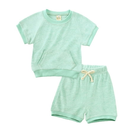 

Toddler Boys Girls Fashion Outfits Set Summer Short Sleeve Solid T Shirt Rompers Tops Shorts Child Kids 2Pcs Outfits Set For 6-12 Months
