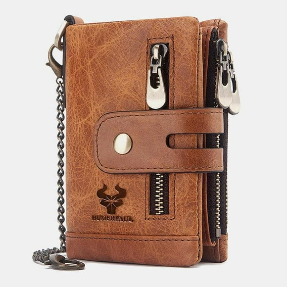 Men Genuine Leather RFID Anti-scanning Anti-Theft Zipper Wallet With Chain - Brown