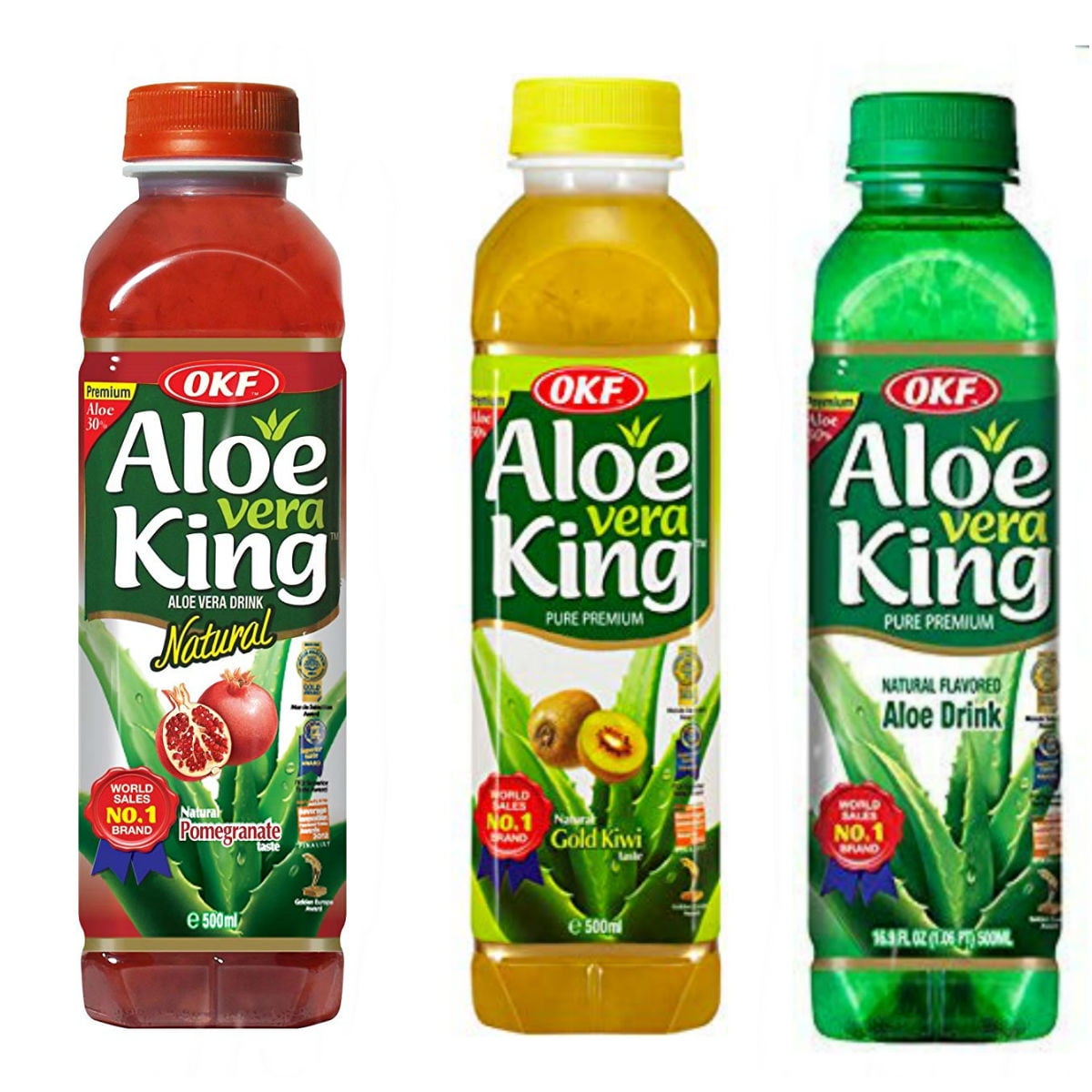 OKF Aloe Vera King Drink, Original, Pomegranate & Gold Kiwi, 16.9 Fluid