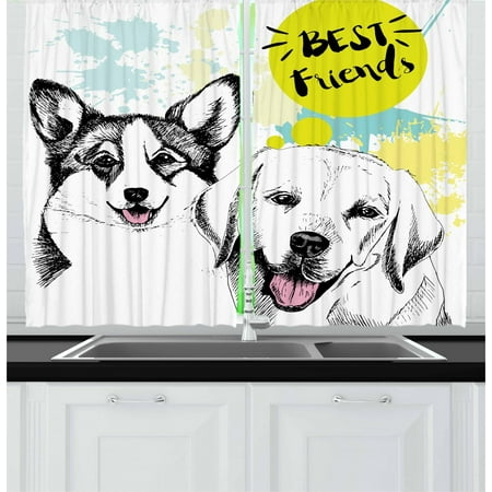 Labrador Curtains 2 Panels Set, Best Friends Typography with Hand Drawn Sketch Welsh Corgi Grunge Illustration, Window Drapes for Living Room Bedroom, 55W X 39L Inches, Multicolor, by