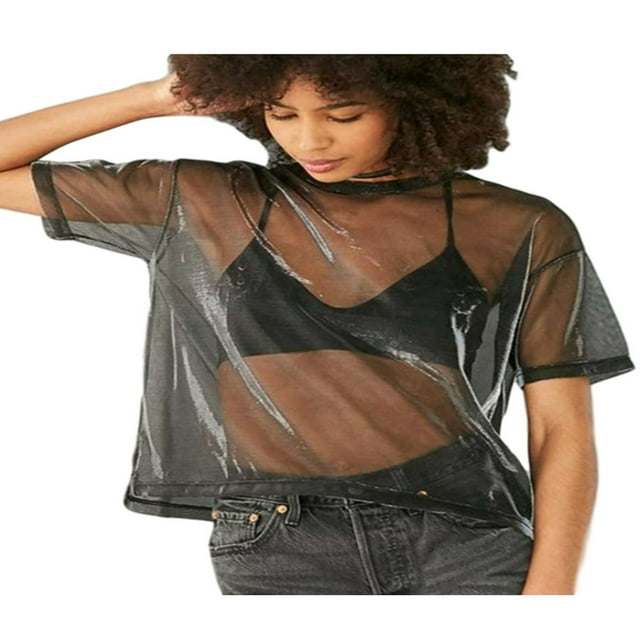 Femmes Transparentes Casual Crop Tops Manches Courtes T-Shirt Blouse Tops