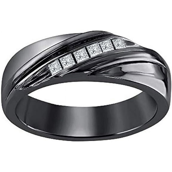beryl_creation 1.20 Ct Princess Cut White Diamond Wedding Engagement Men's Half Band Ring 14K Black Gold Plated 925 Sterling Silver -8