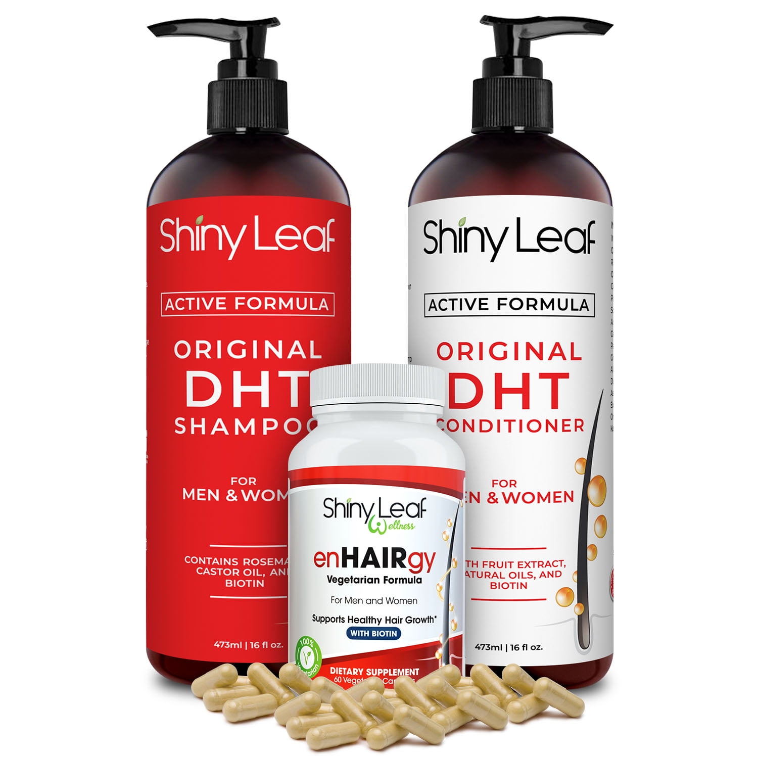 semester Raffinaderi Fare Shiny Leaf DHT Hair Loss Prevention Shampoo and Conditioner with enHAIRgy DHT  Blocker Hair Vitamins - Walmart.com