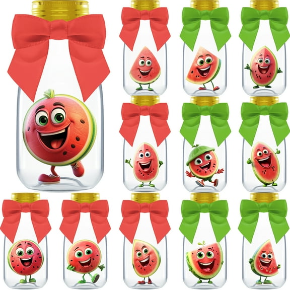 Ethisa 12 Pack Watermelon Party Favors - Candy Jars with Ribbons and Stickers - DIY One in a Melon Party Decoration Bottles for Birthday, School Classroom, and Baby Shower - Table Centerpiece Gifts