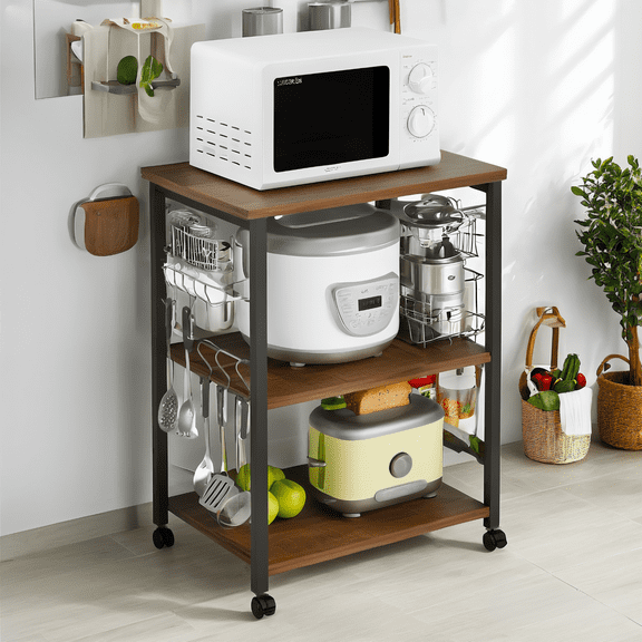 Ktaxon 3 Tier Mobile Kitchen Cart Microwave Oven Stand, Rolling Kitchen Island Bakers Rack Kitchen Utility Storage Serving Cart with 10 Hooks, Vintage/Black