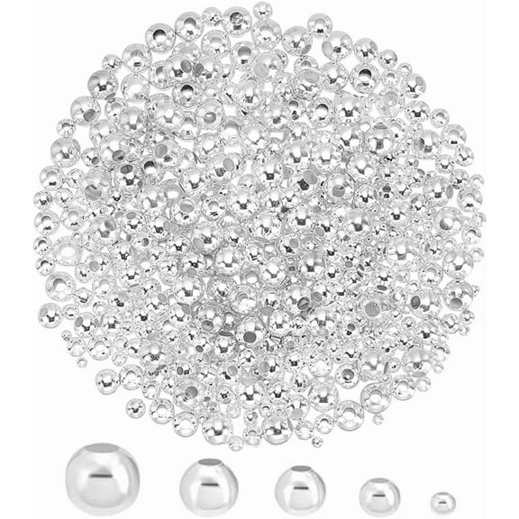 500Pcs 5 Sizes Silver Beads Round Spacer Beads Silver Spacer Bead Metal Small Loose Bead for DIY Bracelet Necklace Jewellery Making Bulk Handmade Supply Silver