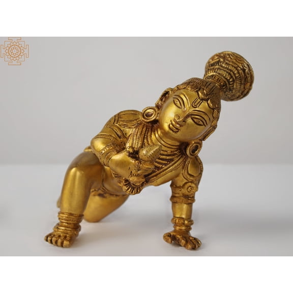 7 Inch Laddoo Gopala Sculpture Brass Handmade Krishna Childhood Divine Play
