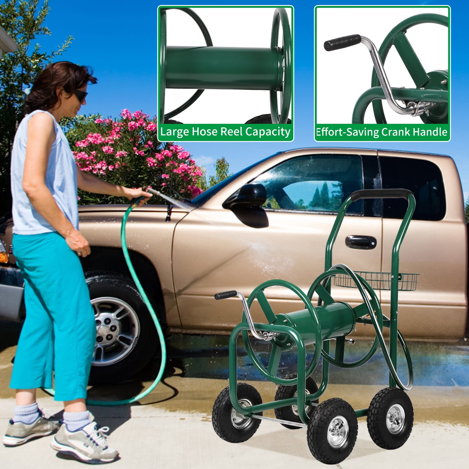 Garden Hose Reel Cart with Wheels Heavy Duty Hose Reels Cart Water Hose Cart Holds 300-Feet of 5/8"" Hose for Yard Water Planting Outdoor Garden Lawn Water Truck w/Storage Basket, Green