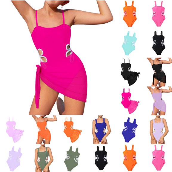 XinghaiYIDE Girls 1-Piece Swimsuit with Matching Sarong Cover-Up,Kids Adjustable Strap Cutout Bathing Suit,Solid Color Swimwear Set for Beach Vacation & Pool Party,Sizes 8-16Y Hot Pink-d