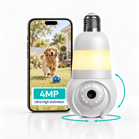 Luna Light Bulb Camera Outdoor Indoor 4MP 2K Ptz 360, Color Night Vision, 2.4GHz & 5GHz Wi-Fi 6, AI Motion Tracking, Alarm, E27 Bayonet Fitting, IP65, Lifetime Support