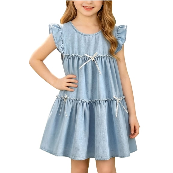 Afuyipoi Girls Casual Flutter Sleeve Denim Dress (12 Months-5 Years) Summer Sweet Bowknot Cowboy Skirt A-Line Princess Dress for School Blue 3T