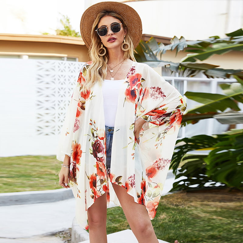 Floral Find Women's Floral Print Shawl Chiffon Kimono Summer Casual Loose Fit Cardigan 