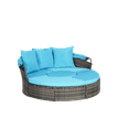 thumbnail image 6 of Outdoor Round Daybed with Retractable Canopy, Patio Wicker Rattan Furniture Sets with Sectional Cushioned Sofa & Storable Table for Lawn, Garden, Backyard, Light Blue, 6 of 9