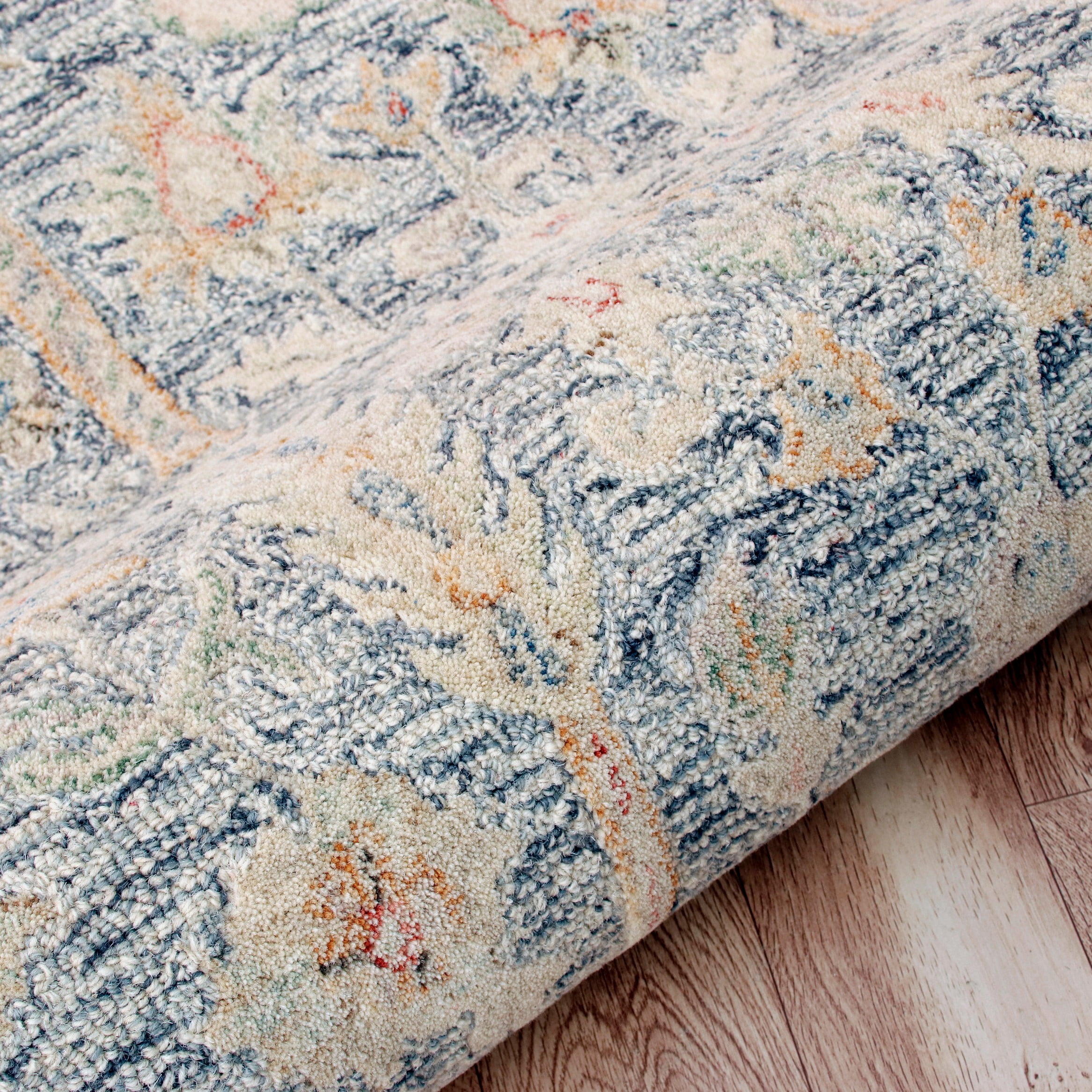 LR Home Viane Blythe Blue/Taupe Vintage Floral Wool Round Rug, 8'6" Round