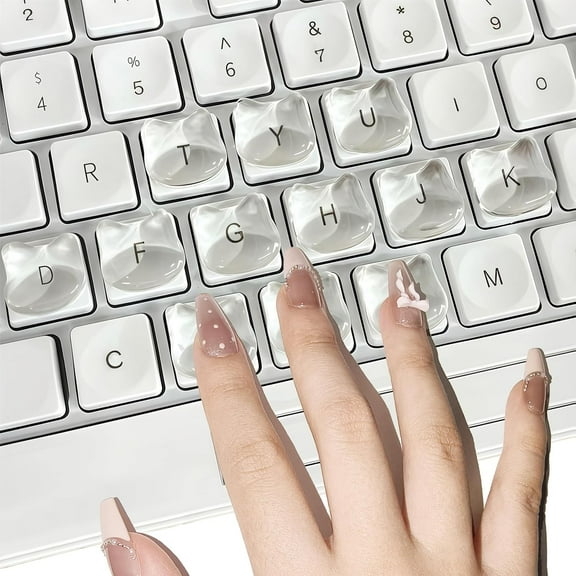 Transparent Glass Long Nail Keyboard Caps – 72 Raised Cat Head Keyboard Stickers, Nail-Safe Typing Bubbles, Clear PC/Laptop/Desktop/Calculator Key Covers