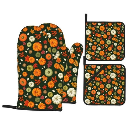 

Oven Mitts and Pot Holders 4 Piece Harvest Pumpkins High Heat Slip Resistant Oven Mitt and Trivets Set Kitchen Oven Glove Pot Holders for Cooking Baking Grilling