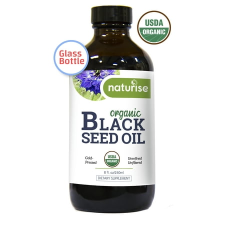 Naturise Black Seed Oil Organic Cold Pressed, Black Cumin Seed Oil Nigella Sativa GLASS BOTTLE (8 oz) Source of Essential Fatty Acids, Omega 3 6 9, Antioxidant for Immune Boost, Joints, Skin, & (Best Fatty Acid Supplement)