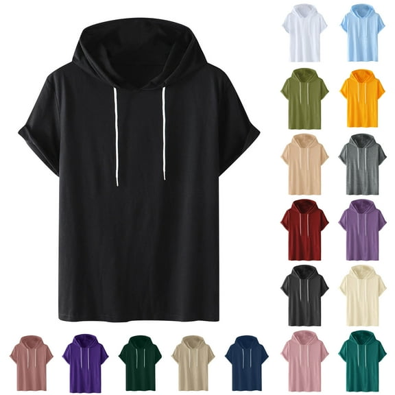 LODIENY Men's Short Sleeve Hoodie Tops Lightweight Casual Drawstring Workout Gym Pullover Sweatshirt Muscle Fit Fashion Athletic Hoodies Soft Cotton Hooded T-Shirts Yellow L