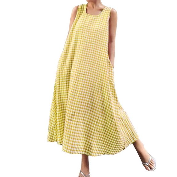 chouyatou Women's Casual Loose-Fit Cotton and Linen Plaid Tank Maxi Dress with Pockets