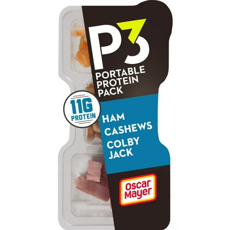 P3 Ham, Cashews & Colby Jack Cheese Protein Snack pack, 2 oz Tray, Refridgerated, P3 International, Pieces