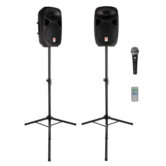 Rockville RPG102K Bundle: (2) 10 inch 1000W DJ PA Speakers, Bluetooth, Tripod Stands, (1) Wired Microphone, Remote, Connection Cables, 10-items 1000W Peak Power Black